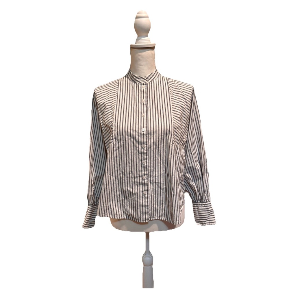 Everlane XS Blue White Stripe Band Collar Button Front Cotton Blouse Shirt